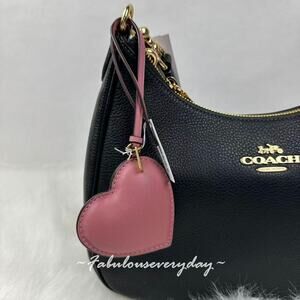 Coach Heart Puffy Bag Charm In Leather/Brass/Peony Keychain CCX45 NWT